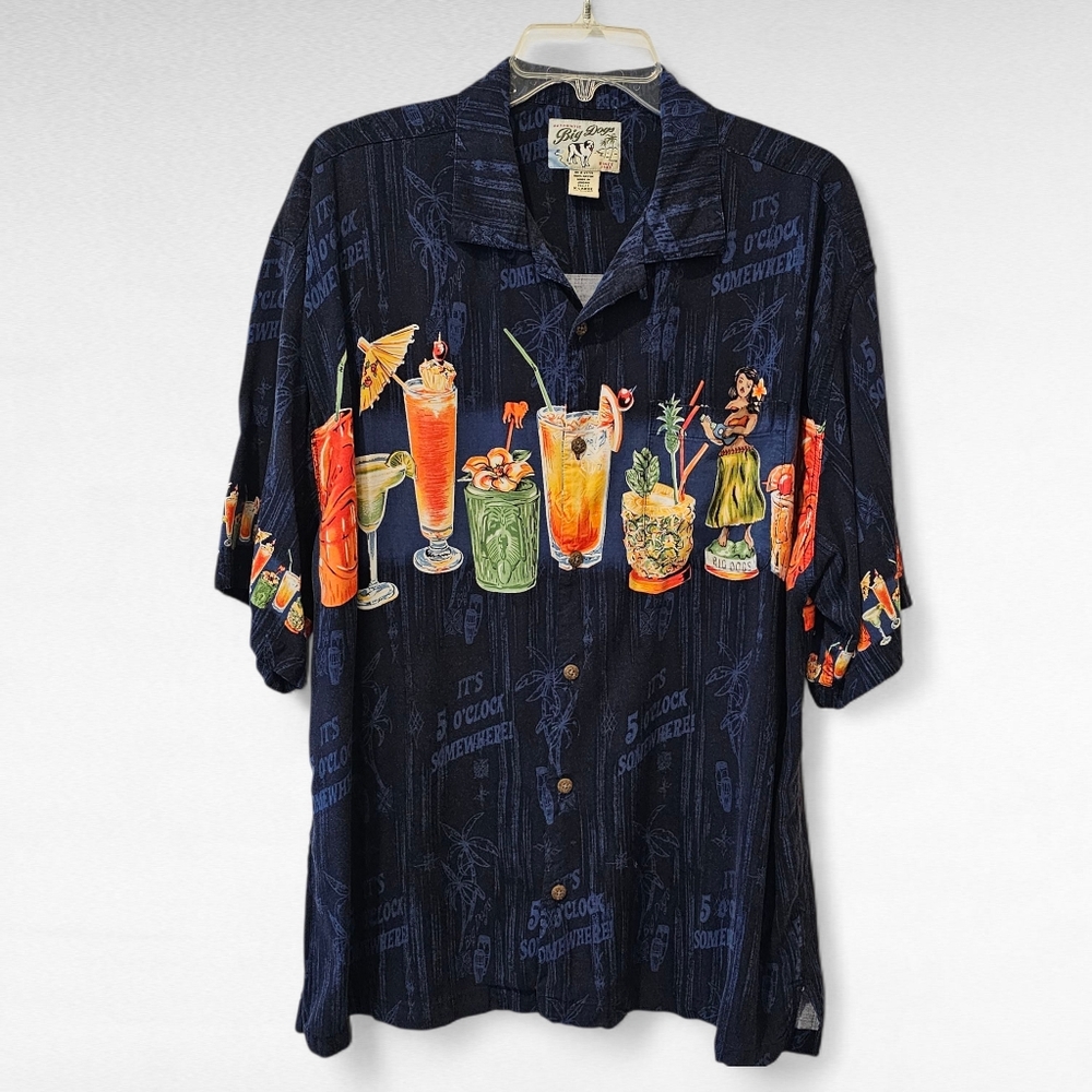 Vintage Big Dogs Hawaiian Tiki Bar Hula Girl Short Sleeve Button Shirt Size XL
